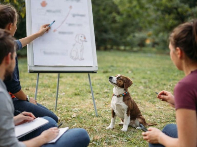 Workshops und Seminare Hundeschule Eine Gruppe von Menschen sitzt im Freien und beobachtet einen Hund während einer Trainingseinheit.
